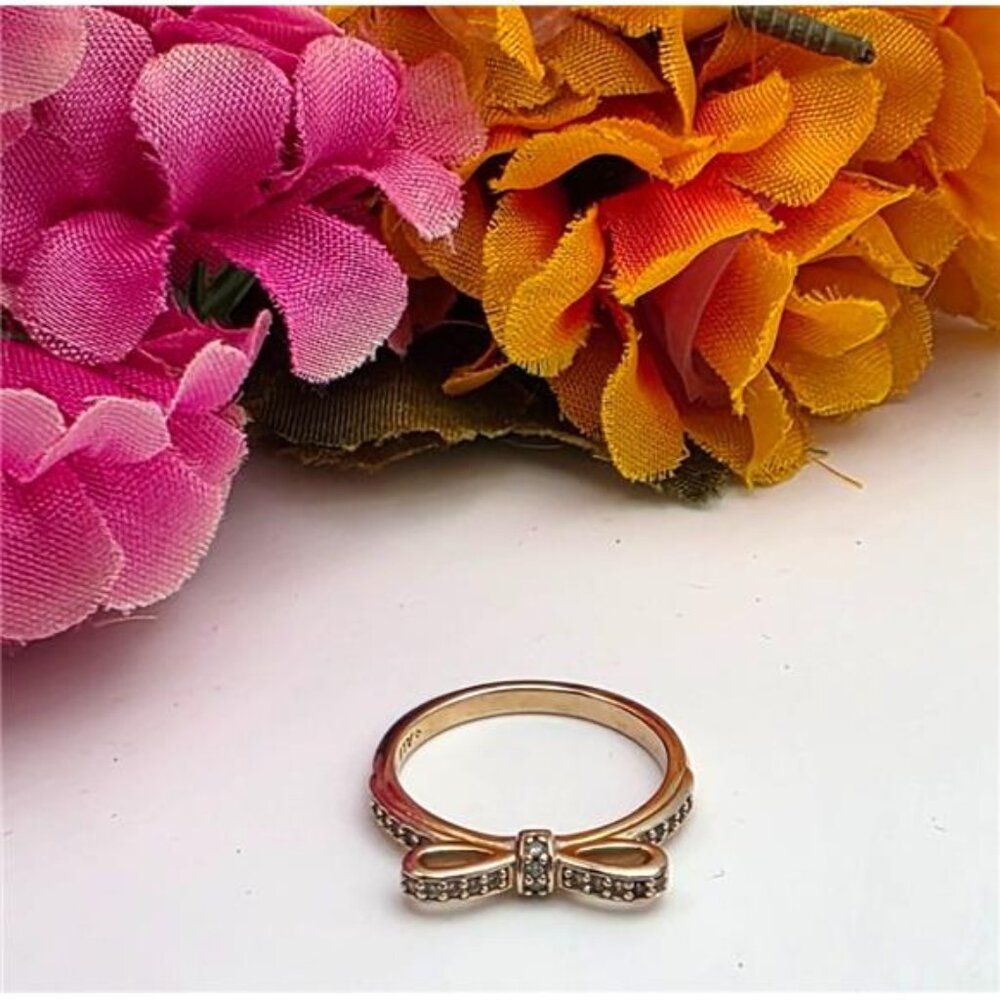 PANDORA Bow Ring Rose Gold Tone Size 6 Clear CZ Ribbon Band ALE R 52
